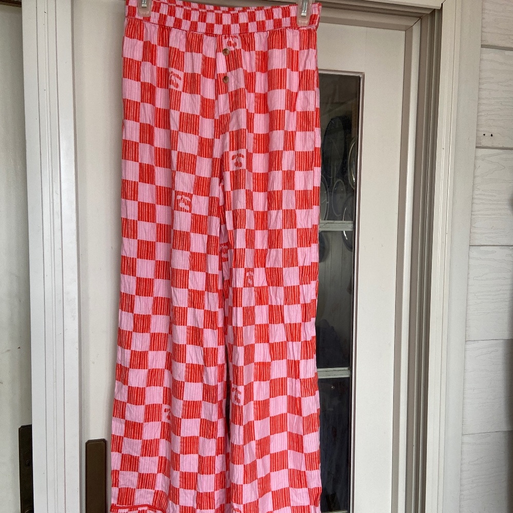 Anthropologie Liv Lee Pink & Red Checkered Cherry Print Cotton Pajama Pants XXS